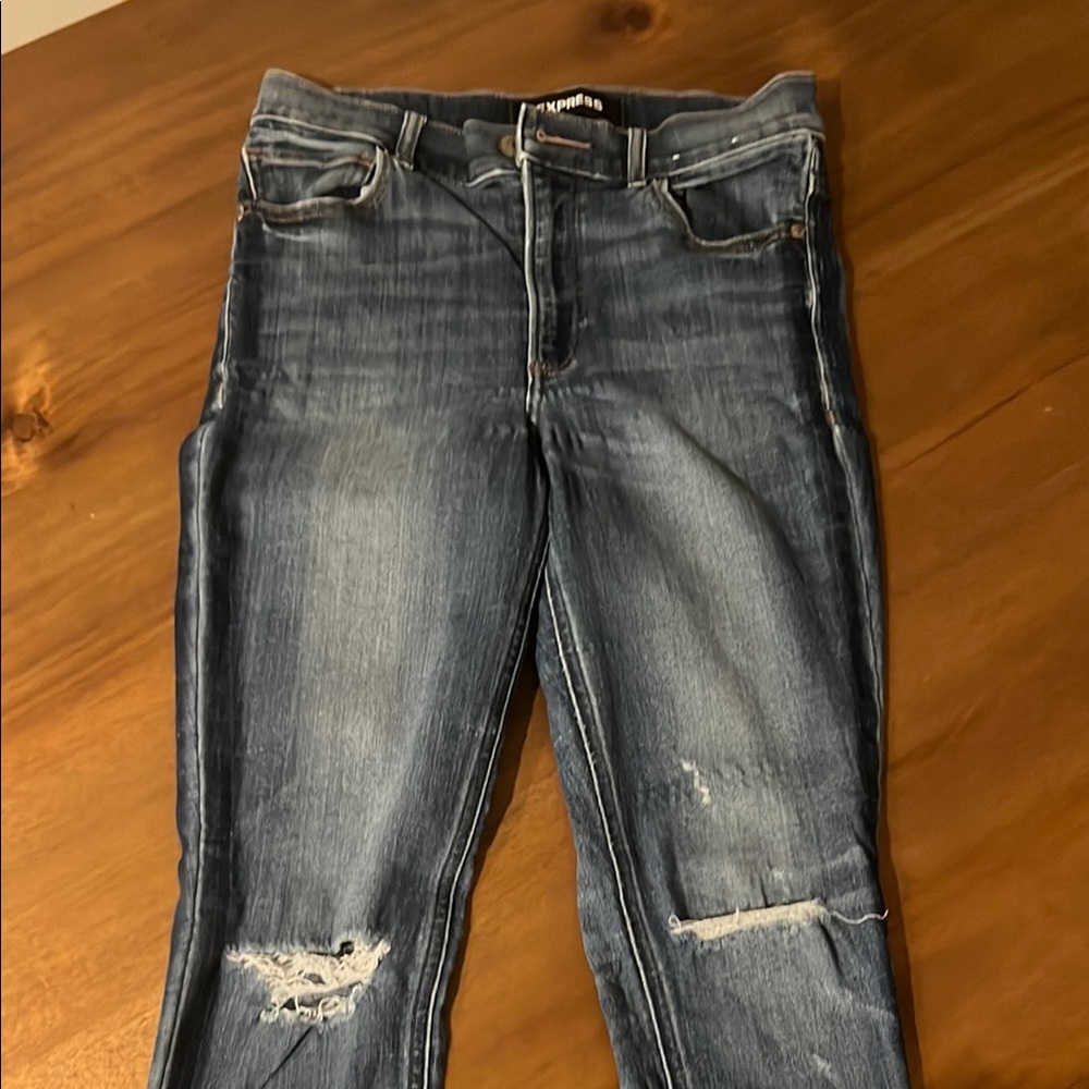 Express Blue Skinny Jeans with Distressed Details